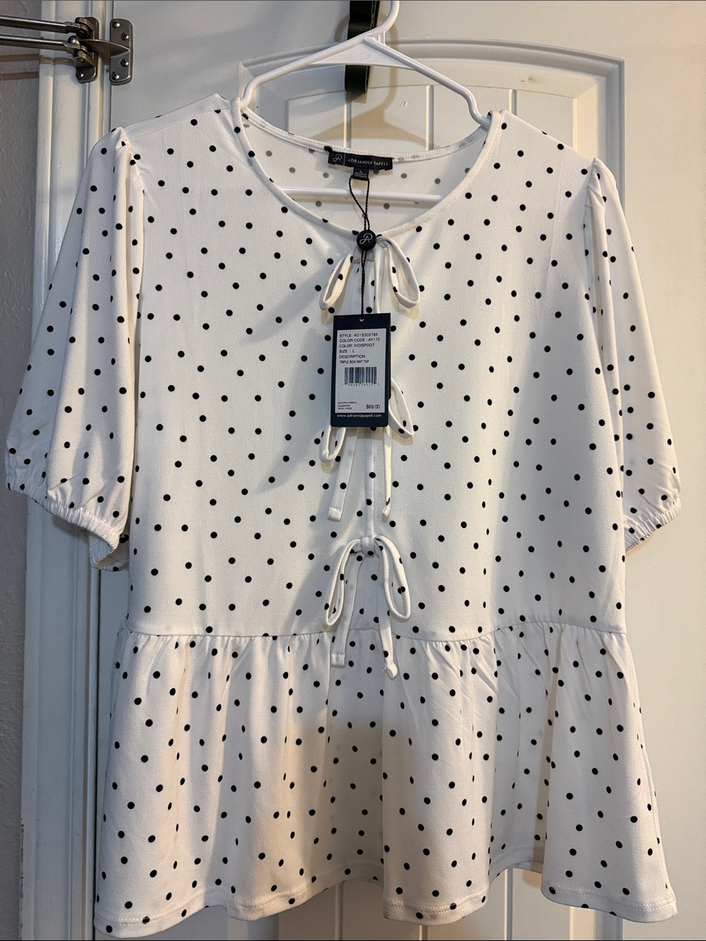 Adrianna Papell White Peplum Blouse with Black Polka Dots and Tie-Front